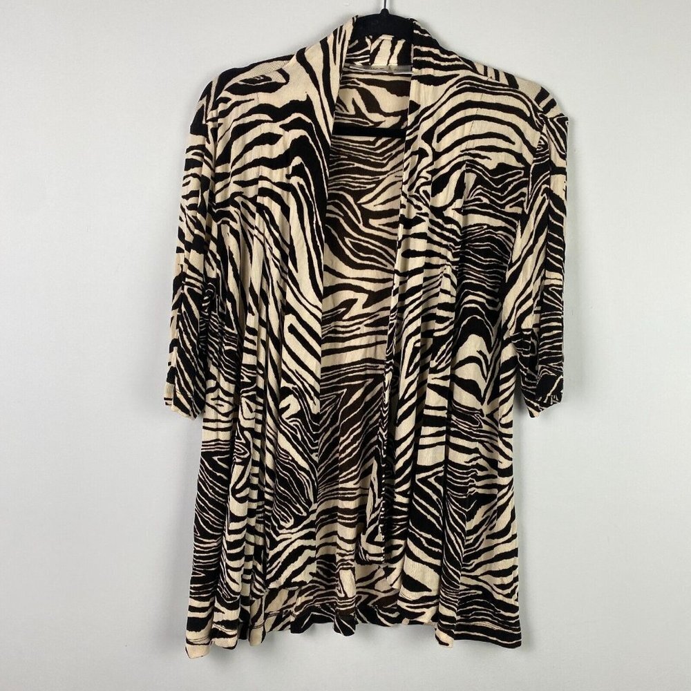 Chicos Travelers Cardigan Slinky Knit Size 0 US Small Cream Black Animal Print